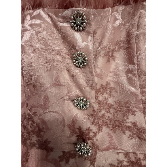 Serafina Jacket Womens 12 Pink Floral Jacquard Faux Fur Rhinestone Button Peplum - Picture 3 of 16